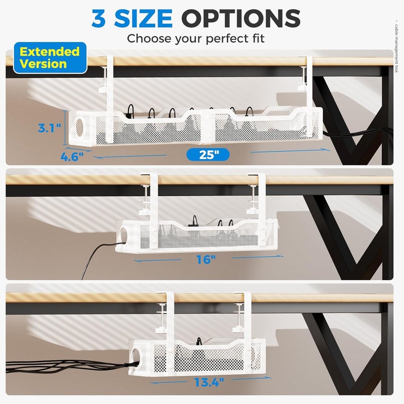 Cinati [Upgraded] Extra Large Under Desk Cable Management, 25" Wire Organizers No Drill, Cable Tray with Clamp for Wire Management, Cord Organization Box for Office, Home - No Damage to Desk(White) - Image 2